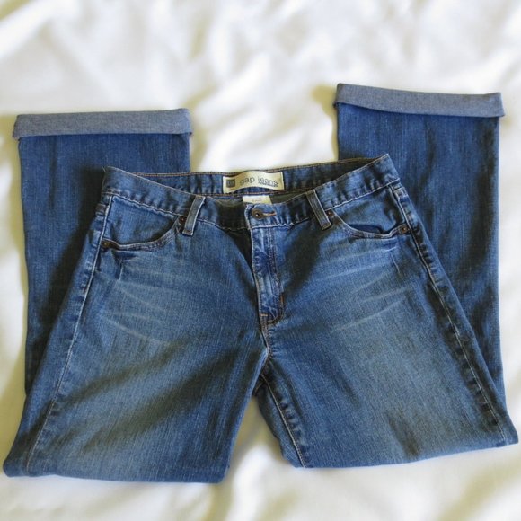 4/$14 GAP womens STRETCH blue DENIM frayed CUFFED bootcut SIZE 8 - Picture 1 of 15